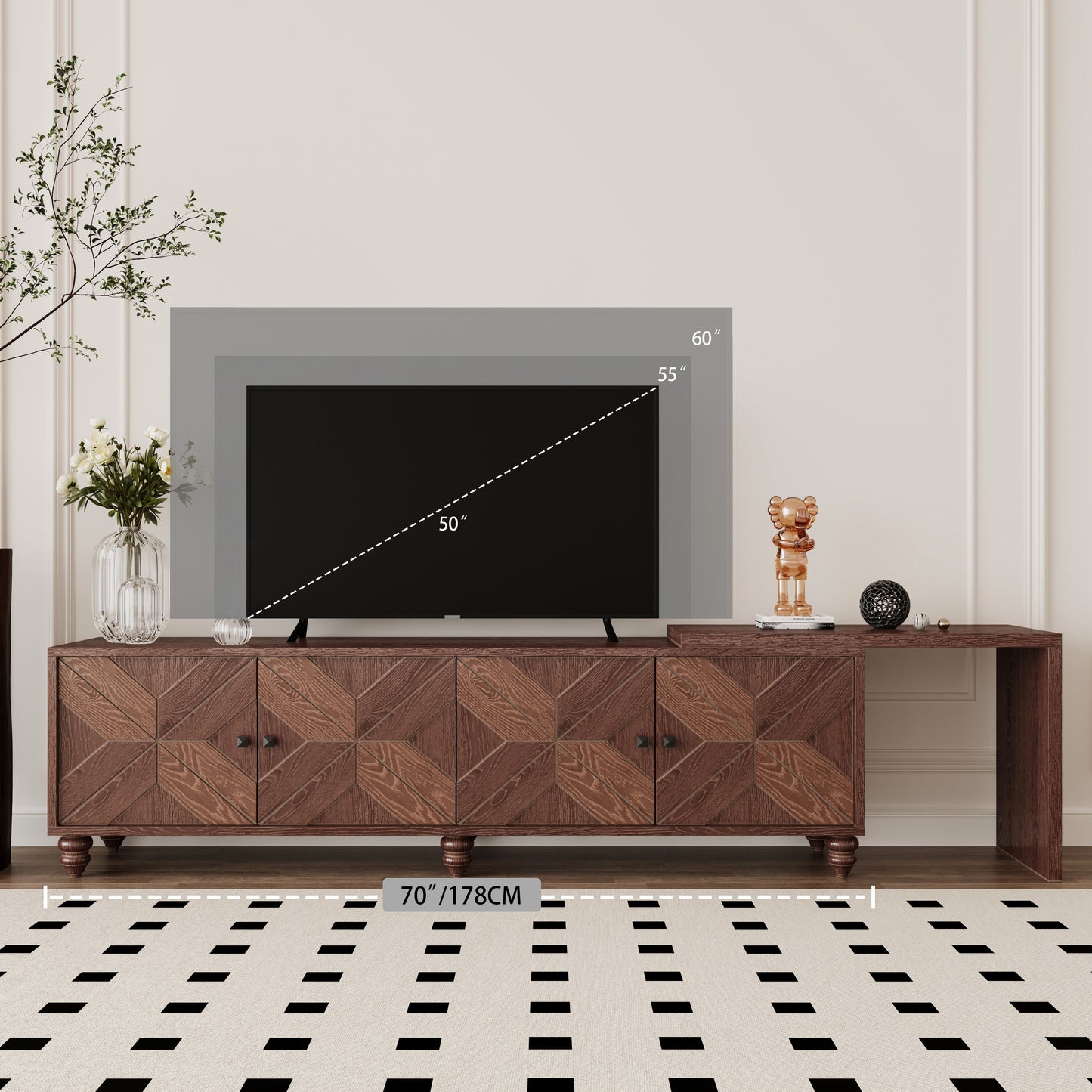 Dark wood TV stand with geometric pattern and four cabinet doors measuring inches long