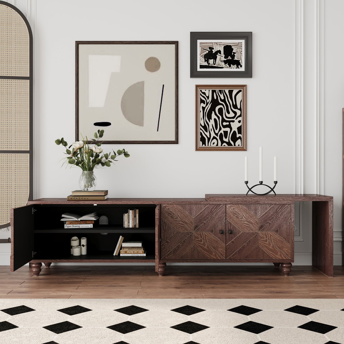Dark wood sideboard with geometric inlay pattern and open shelving featuring books and decor