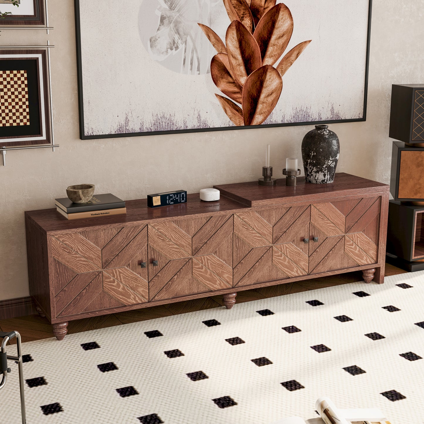 Ornate geometric pattern wood media console with dark wood finish and brass hardware