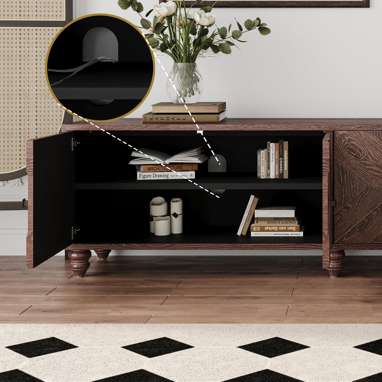 Dark wood buffet with sliding door showcasing interior storage and cable management