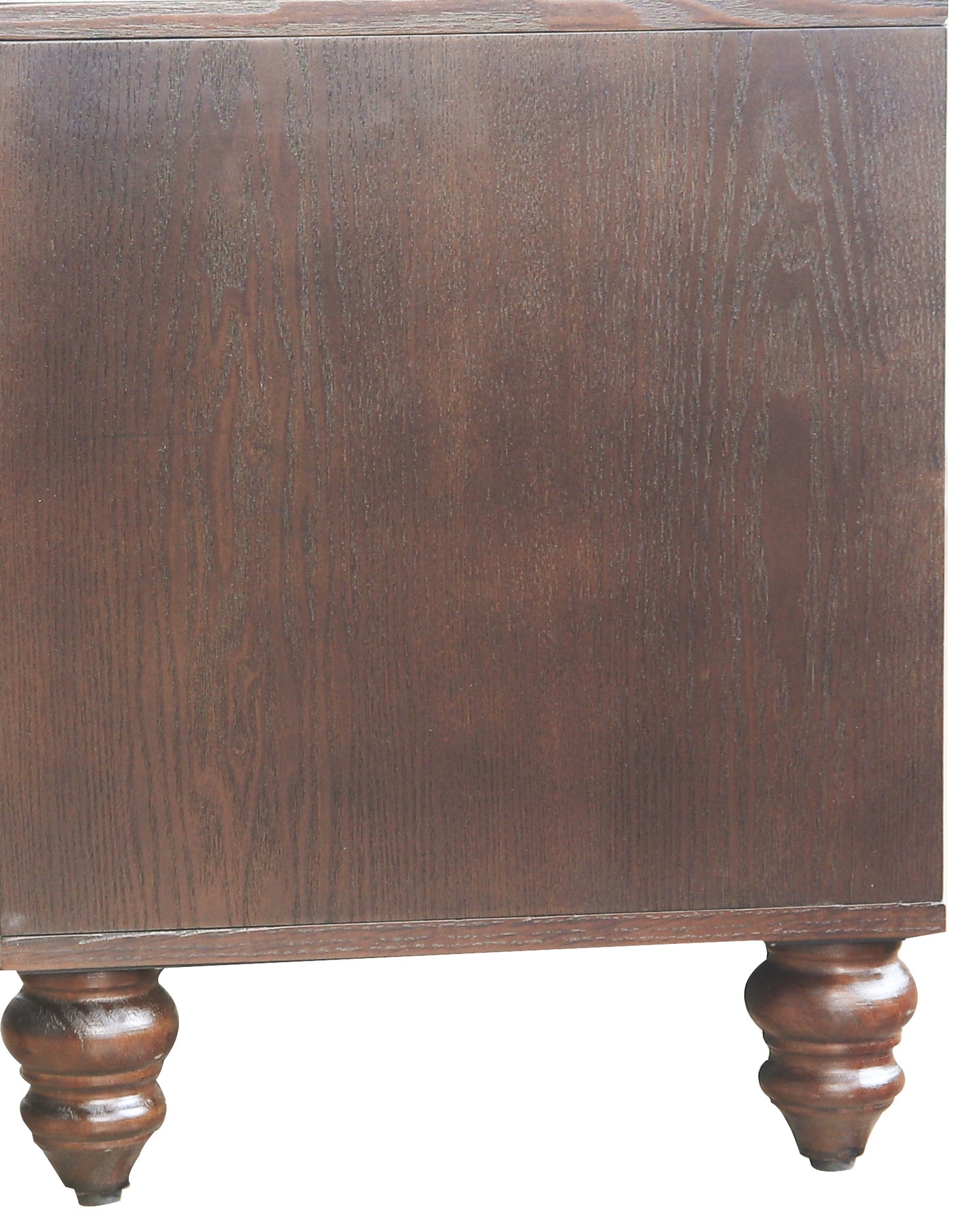 Dark brown wood veneer dresser side panel with ornate carved legs
