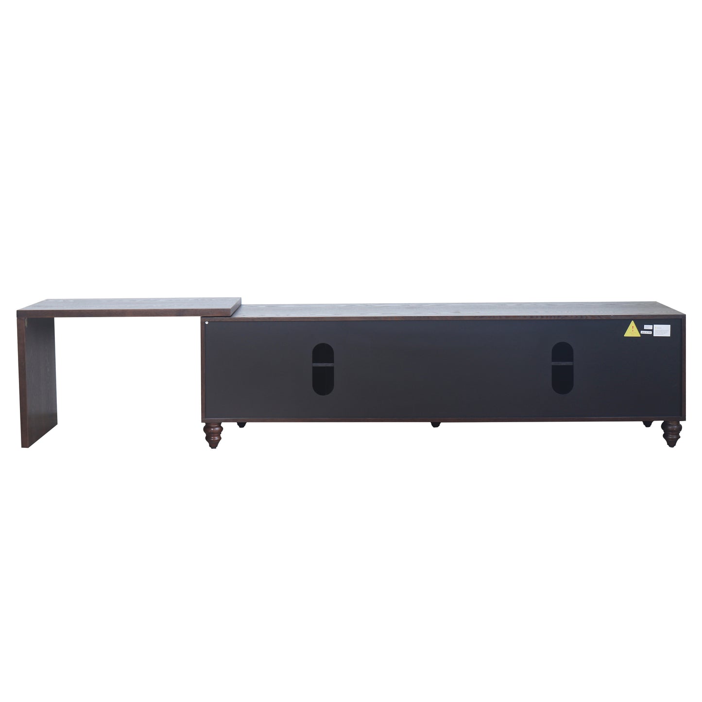 Dark wood modern media console with a pullout desk extension for versatile entertainment setup