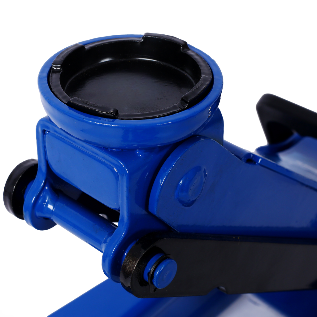 Closeup of a blue hydraulic jacks lifting saddle with black rubber padding for grip
