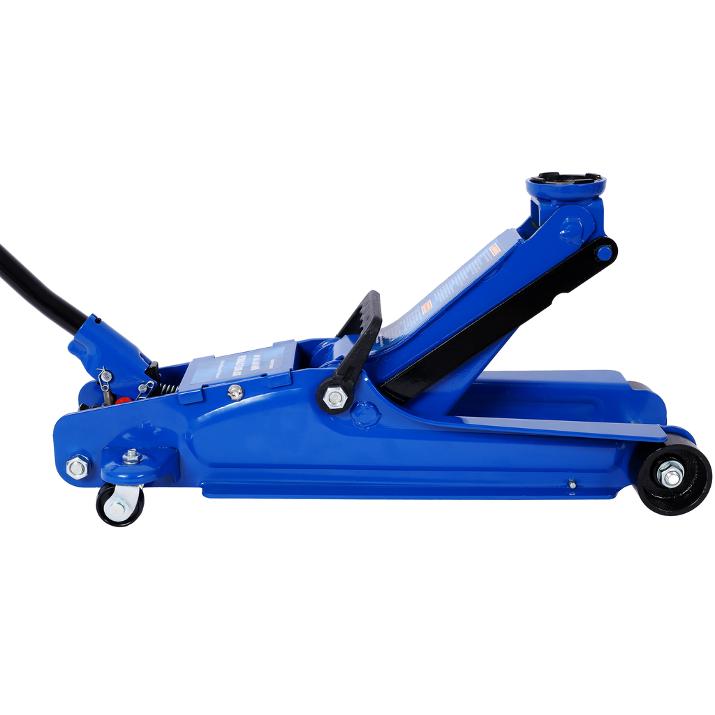 Blue hydraulic floor jack with heavyduty steel construction ideal for automotive repair