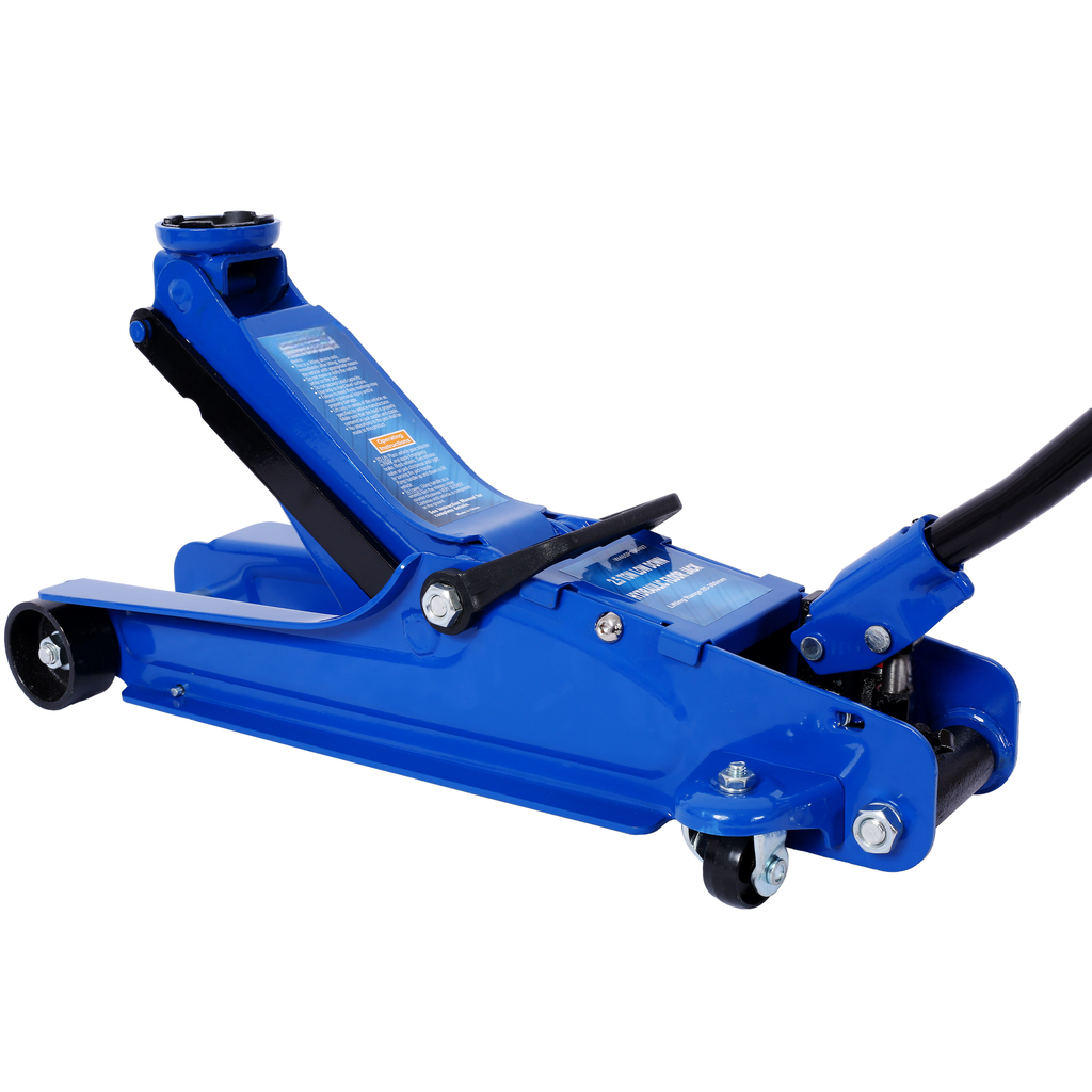 Blue ton low profile hydraulic floor jack with wheels and handle for automotive use
