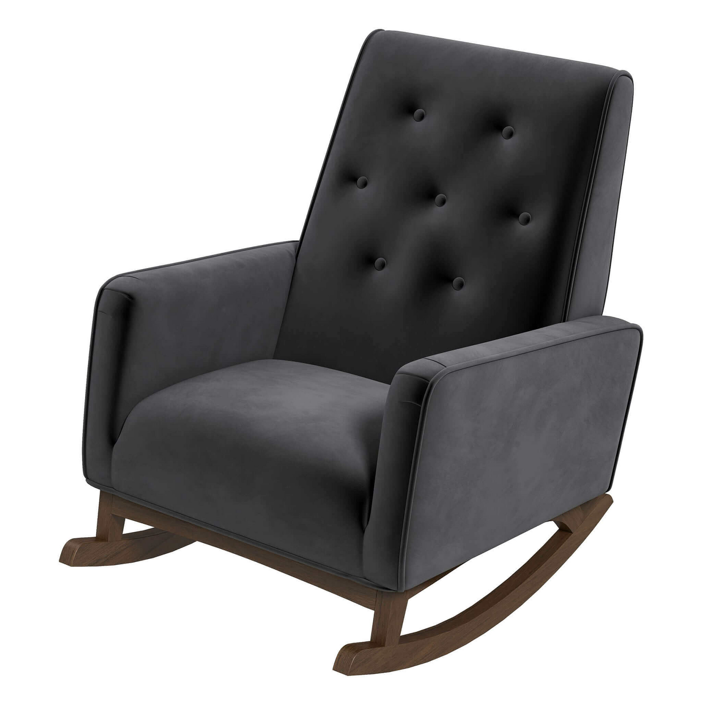 Charcoal velvet upholstered rocking chair with diamond tufting on the back and wooden rockers