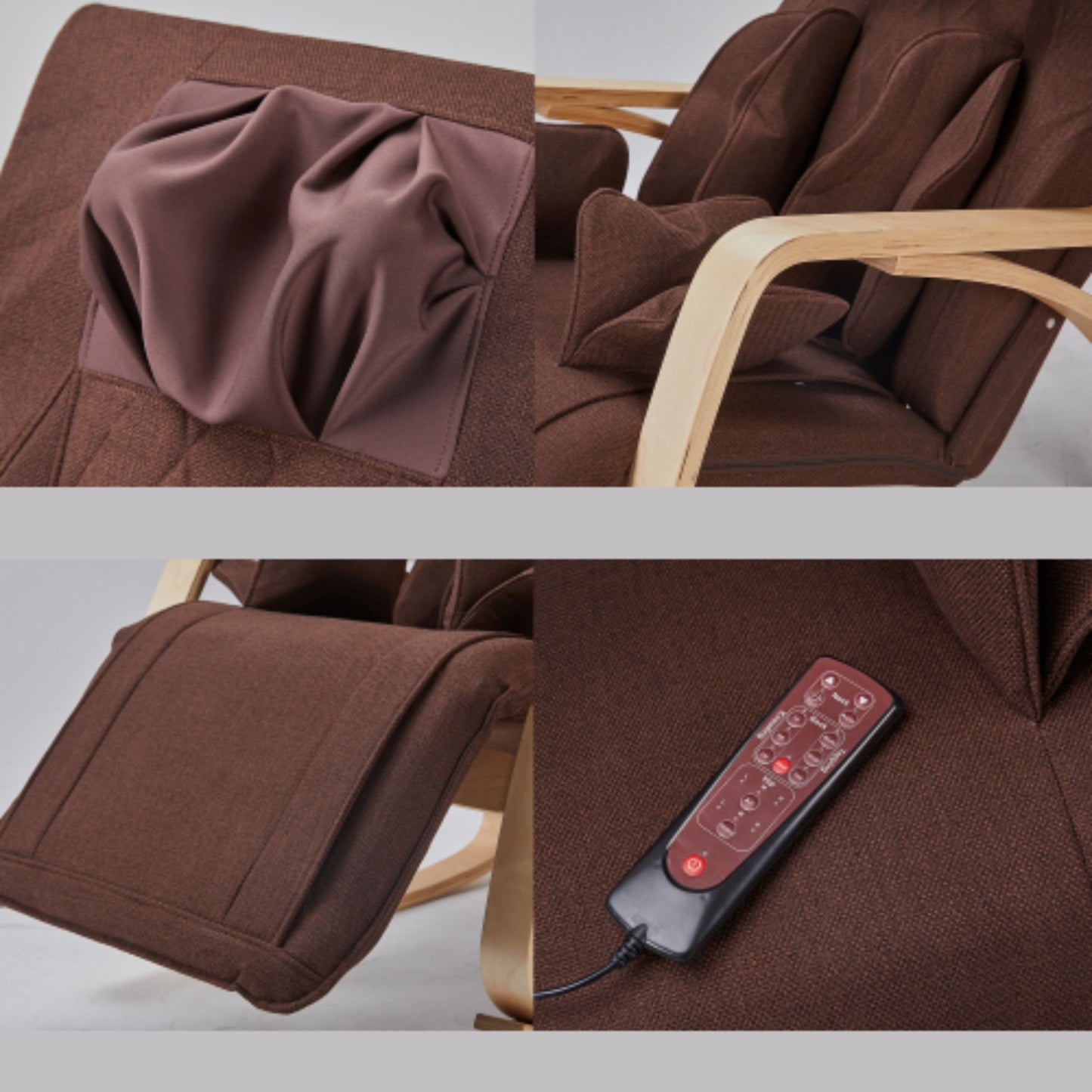 Brown fabric recliner with plush cushioning and builtin neck massage pillow detail
