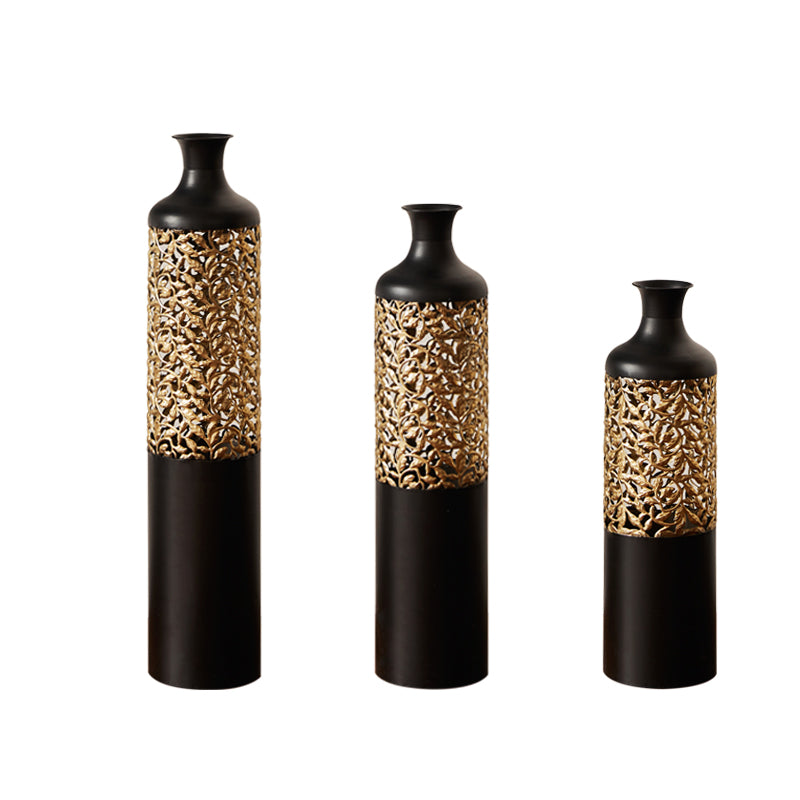 Set of three black metal vases with gold filigree designs