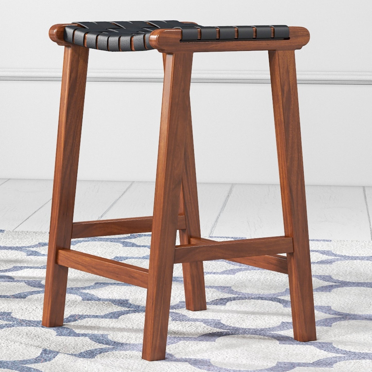 Wooden bar stool with black leather woven seat modern design