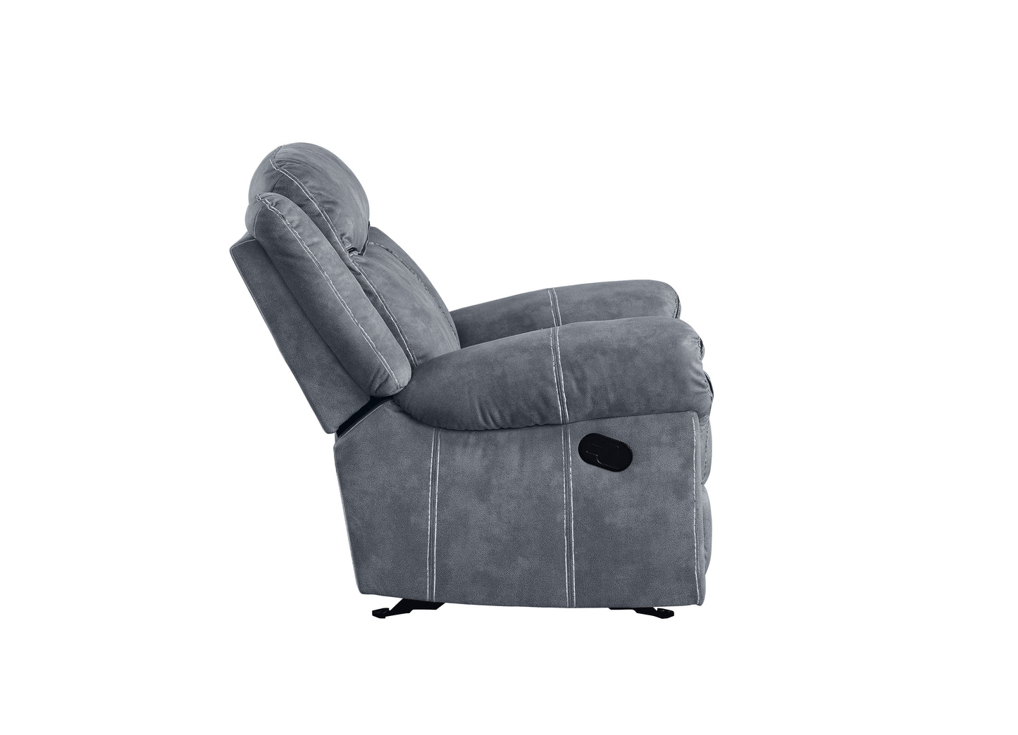 Gray recliner armchair with white stitching detail
