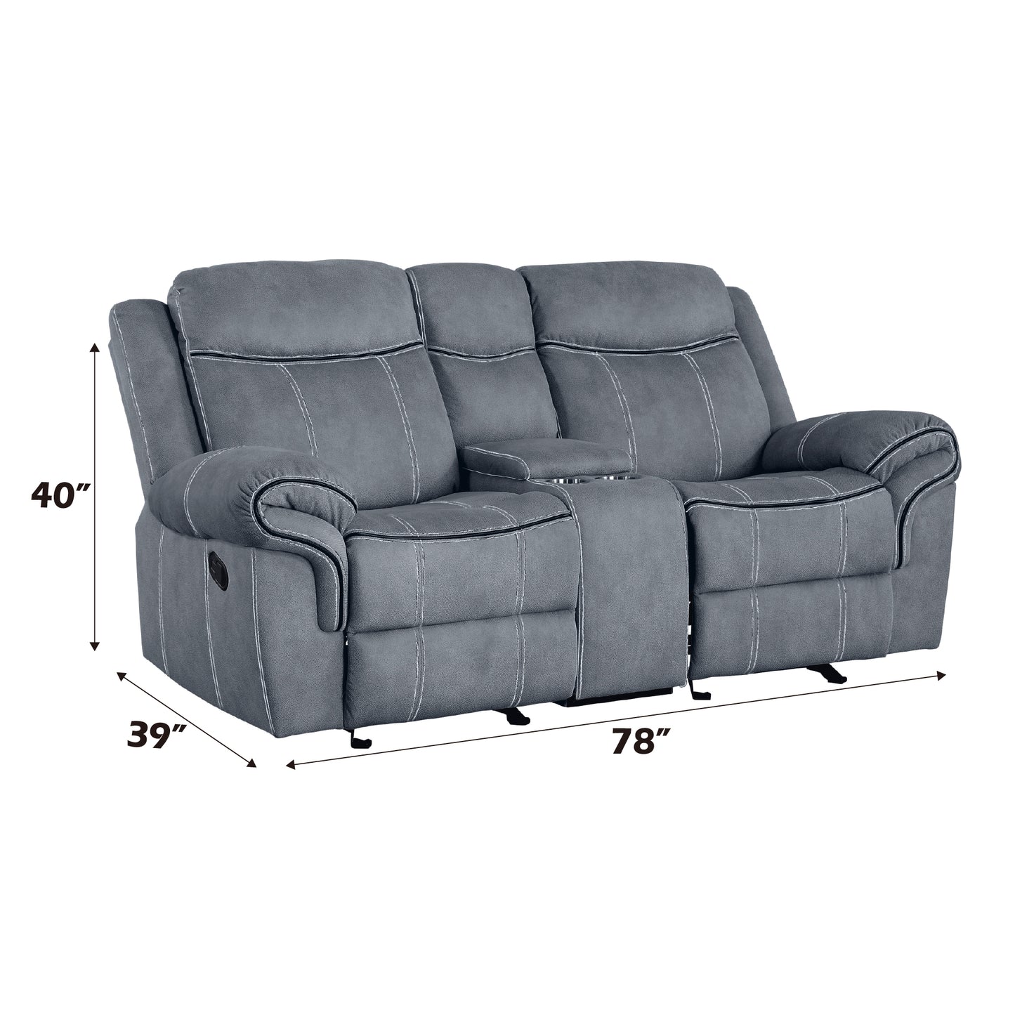 Gray fabric loveseat recliner with builtin cup holders and contrast stitching