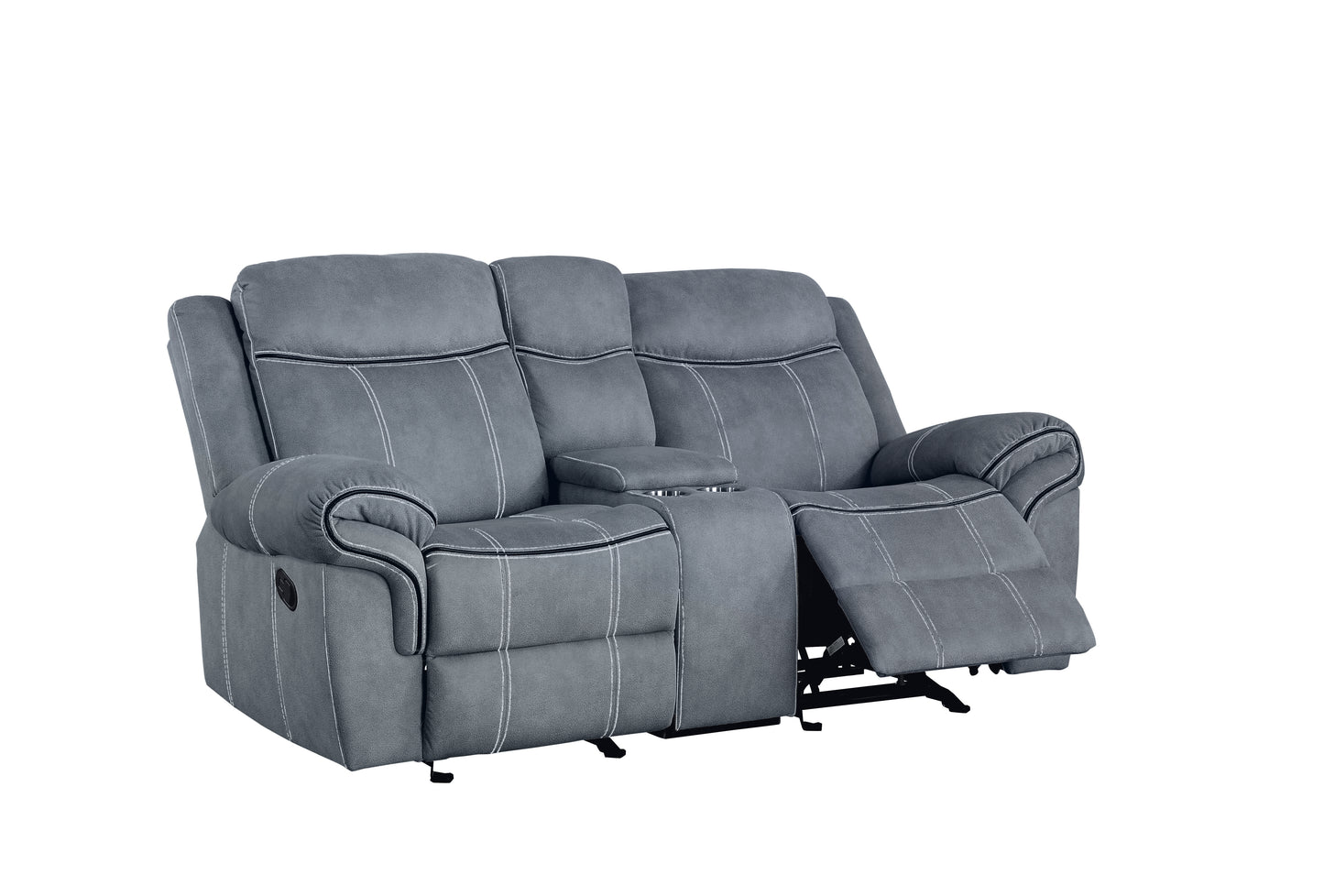 Grey fabric loveseat recliner with white stitching and builtin cup holders