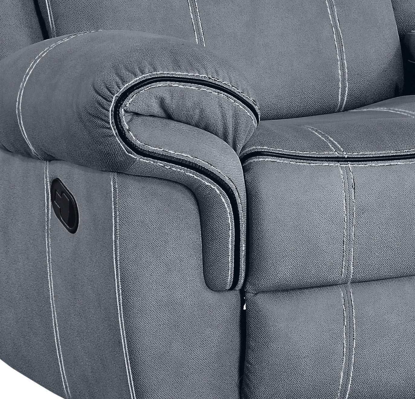 Closeup of a grey fabric recliner armrest with white contrast stitching