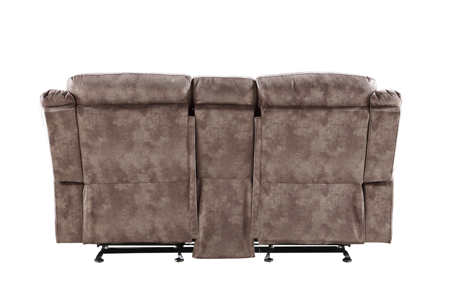 Back view of a plush brown fabric threeseater recliner sofa with padded arms