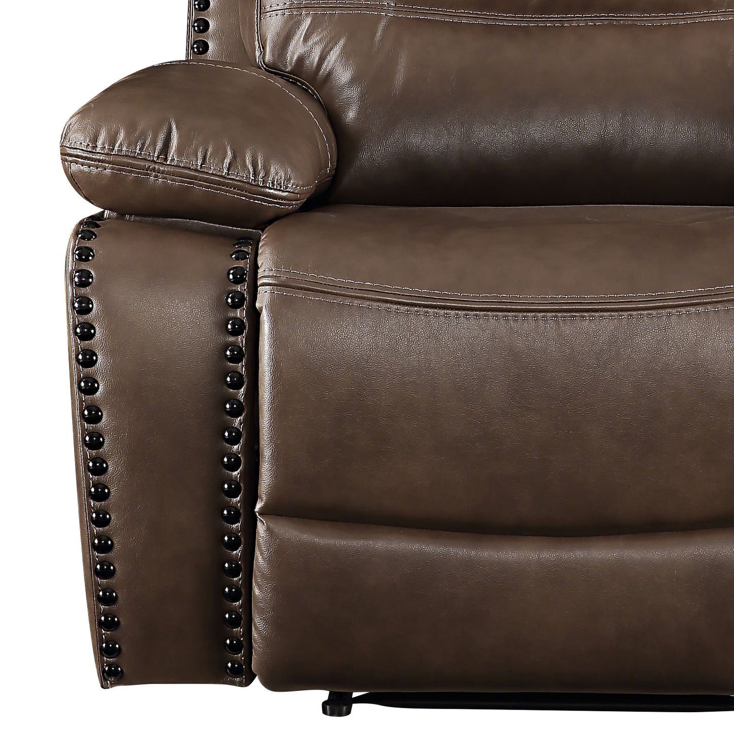 Brown leather recliner armchair with studded armrest and stitched detailing