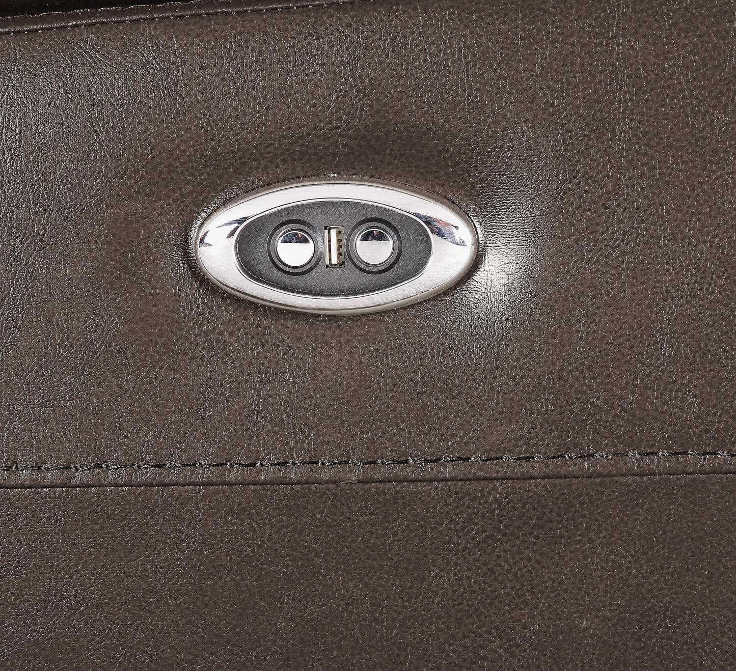 Brown leather recliner control with dual USB charging ports