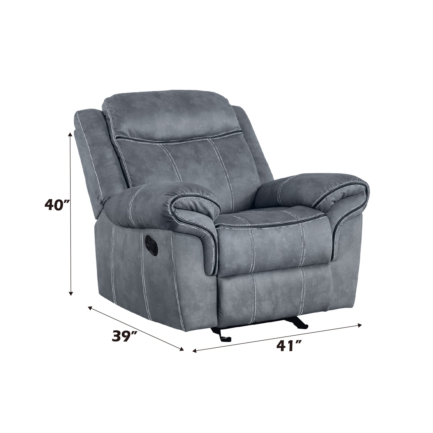 Grey reclining armchair with white stitching and dimensions xx inches