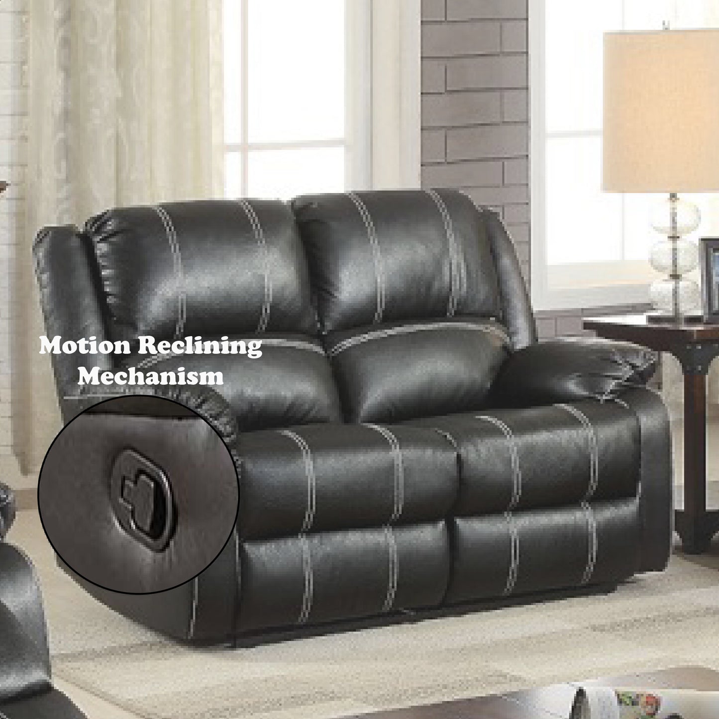 Dark brown faux leather loveseat with white stitching and a reclining mechanism