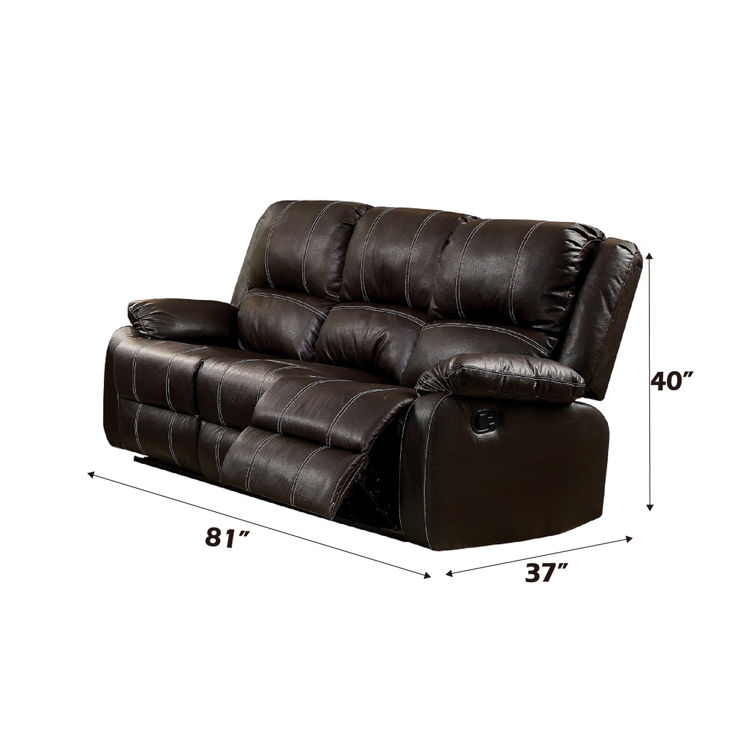 Brown faux leather reclining sofa with white stitching and plush cushions perfect for home theater seating