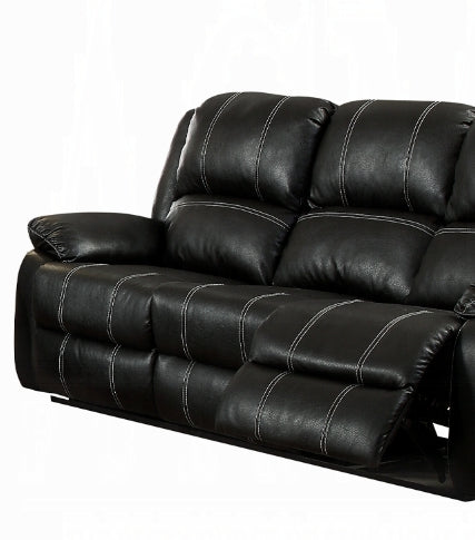 Black faux leather recliner sofa with white stitching details