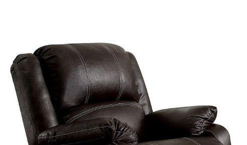 Dark brown recliner chair with stitched detailing plush headrest and armrest