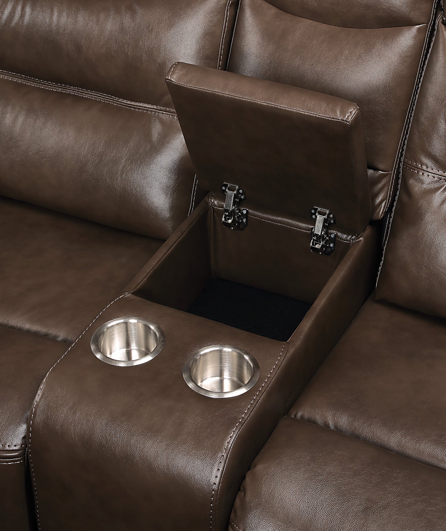 Brown leather reclining sofa section with dual cup holders and hidden storage compartment