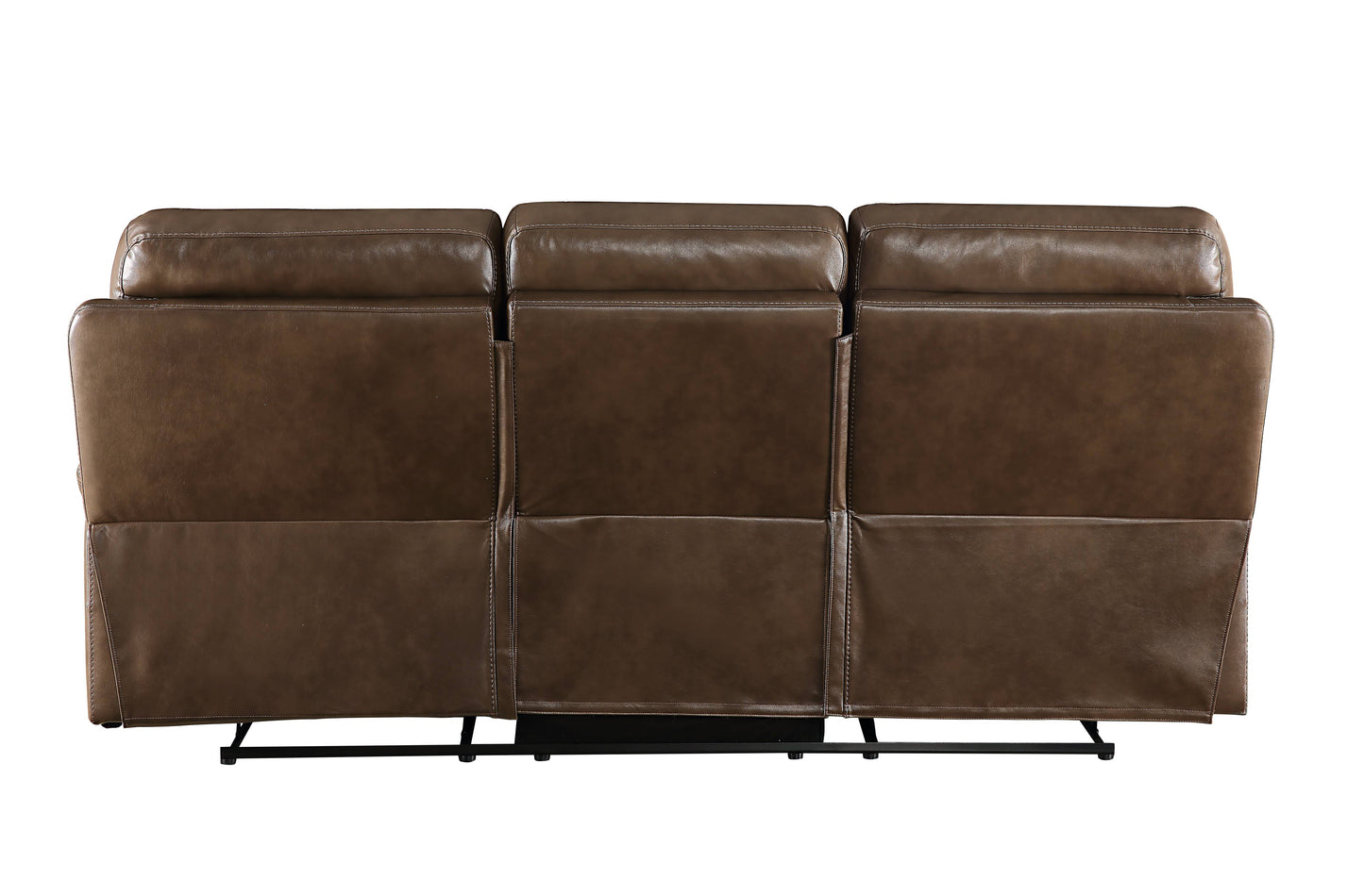Back view of a brown leather reclining sofa with tufted cushions