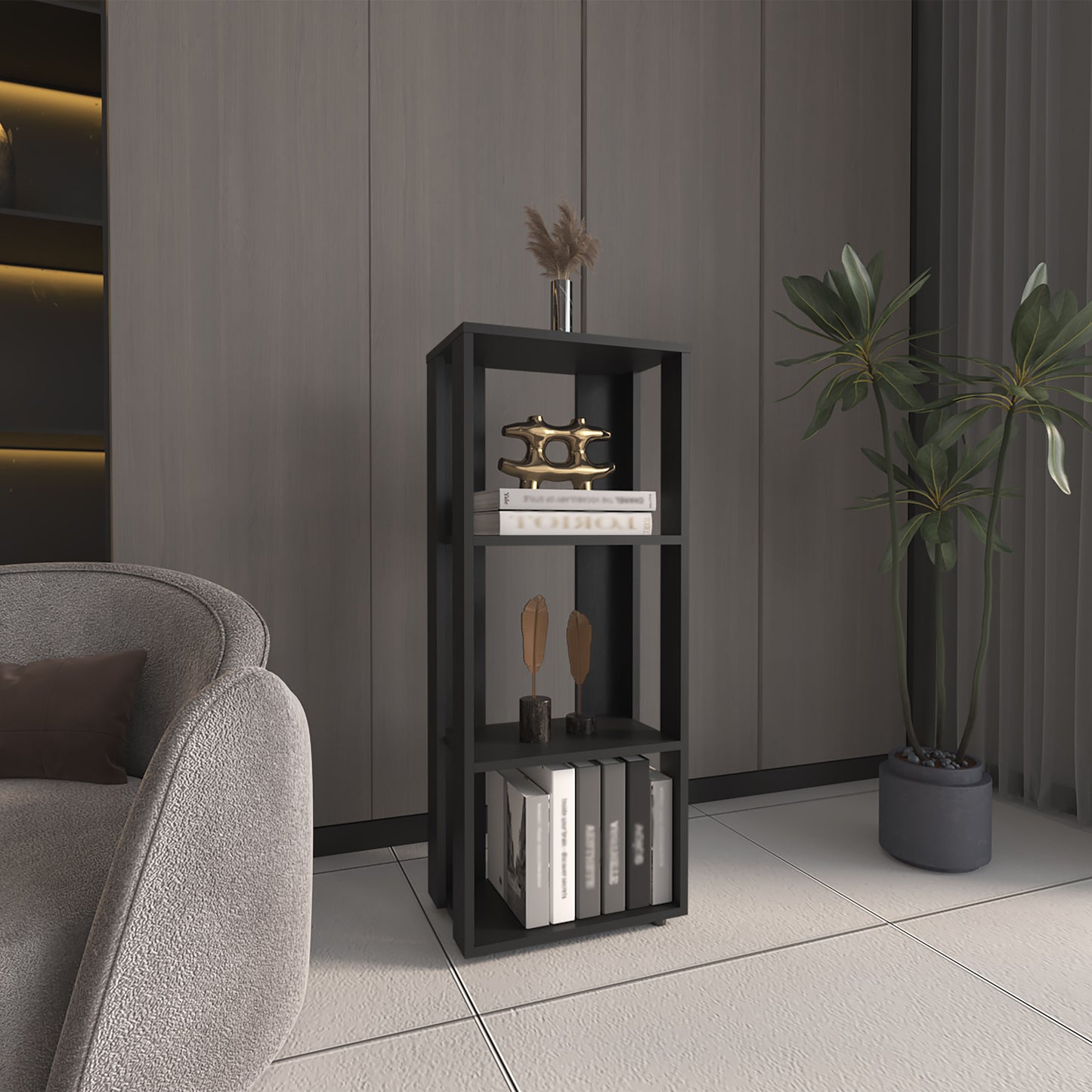 Modern black cube bookshelf with decorative items and books displayed