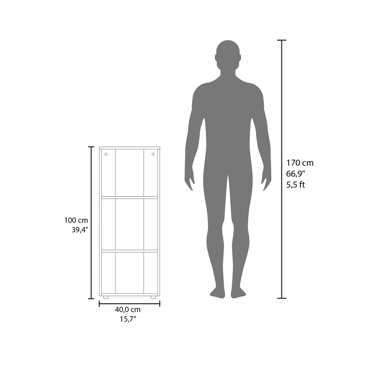 White threeshelf tall bookcase with dimensions cm x cm for storage
