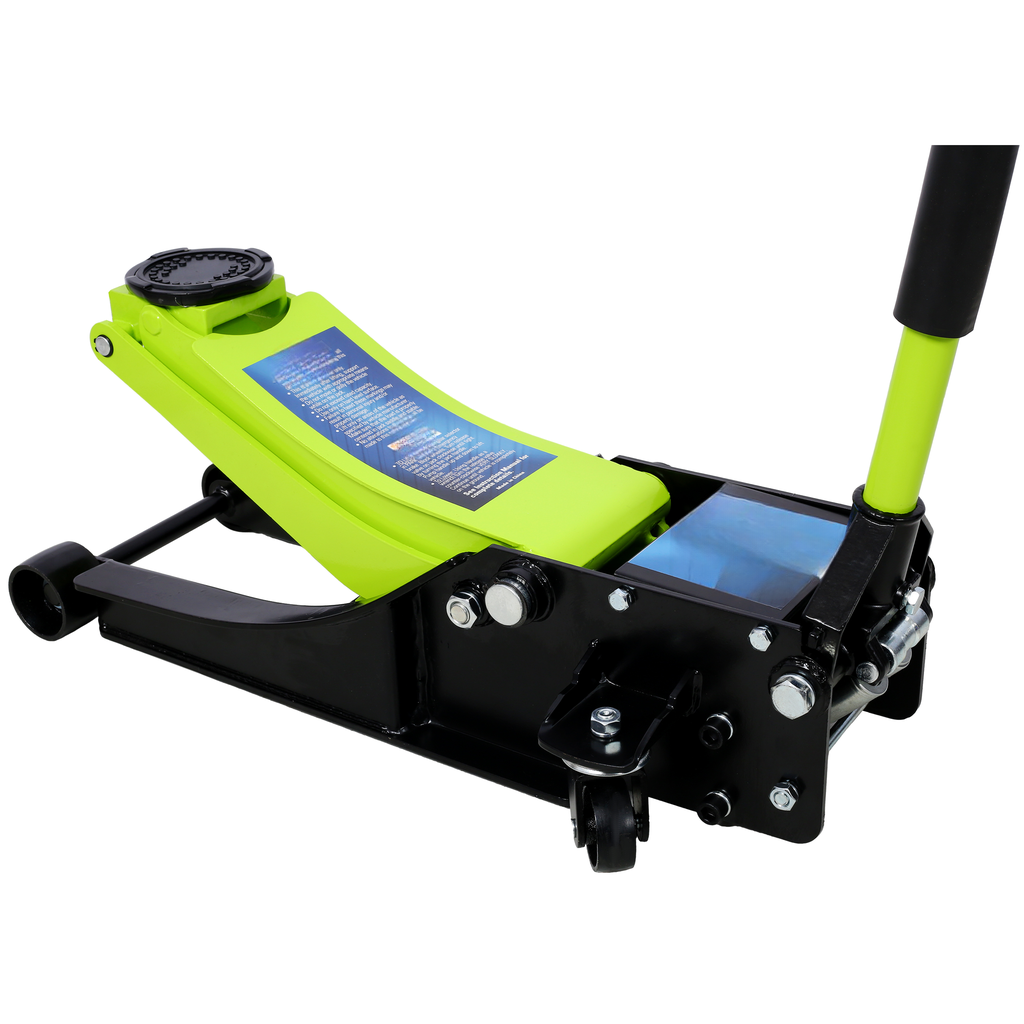 Low profile hydraulic floor jack in bright green and black for automotive lifting