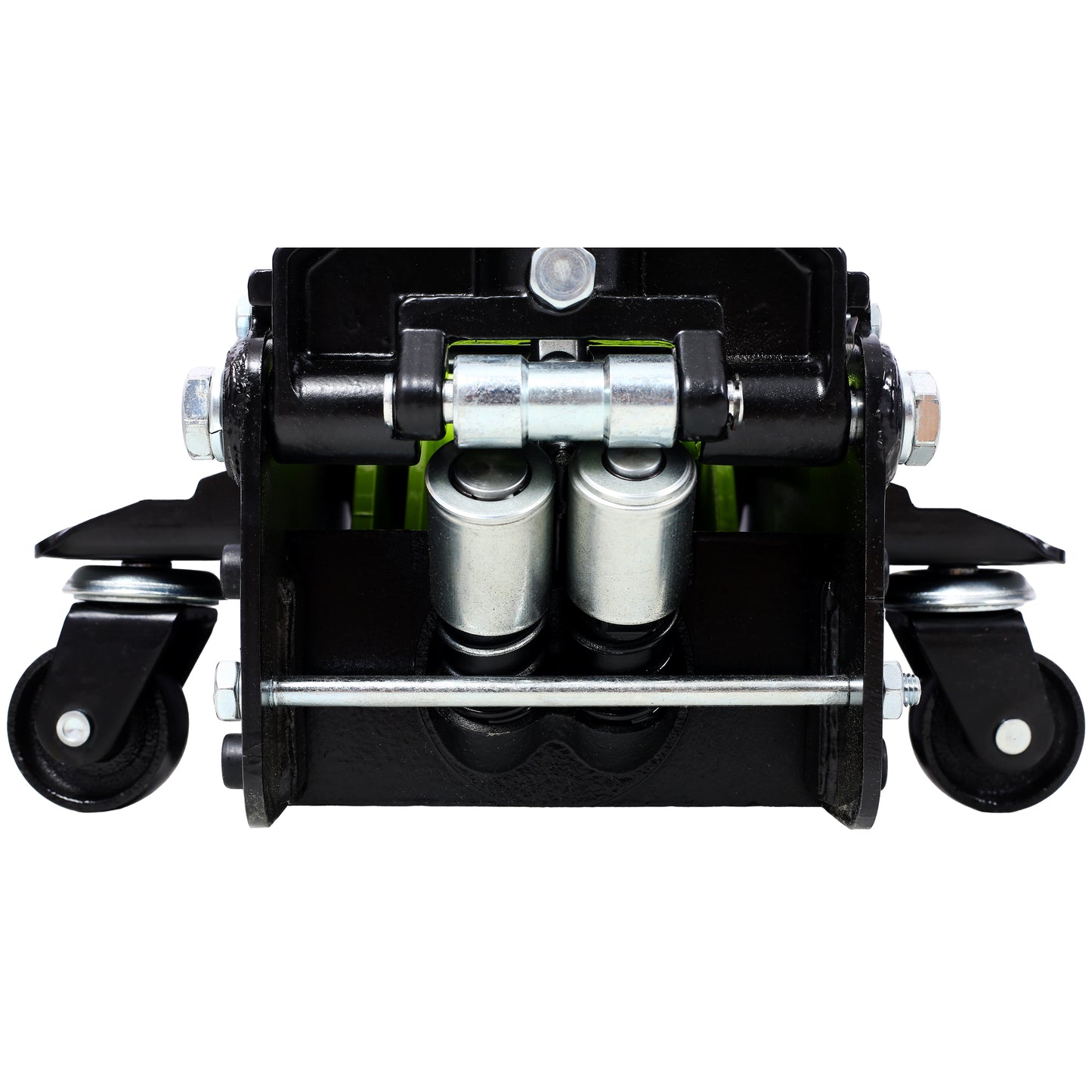 Black low profile floor jack with green accents featuring heavyduty casters and lifting mechanism