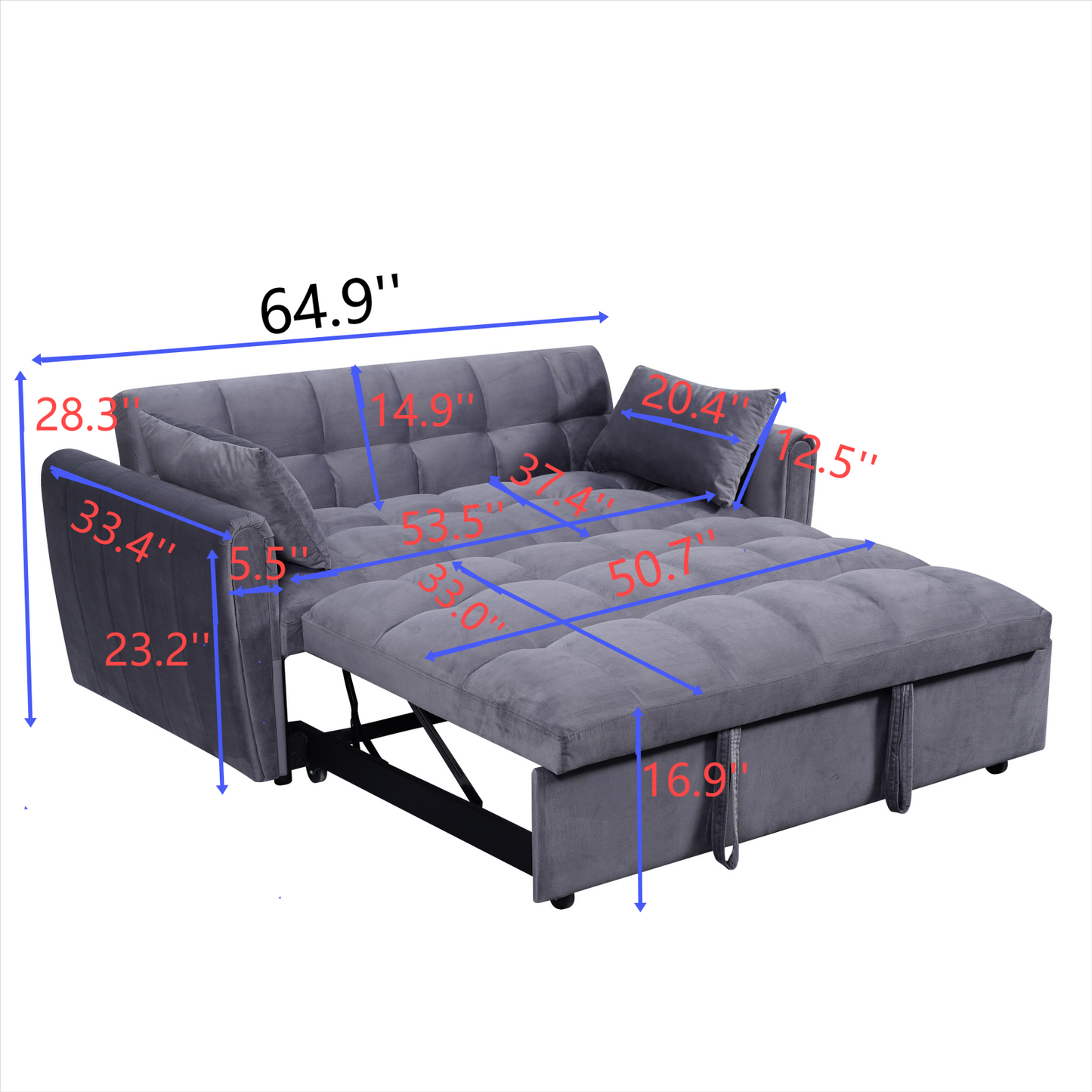 Grey velvet convertible sofa bed with tufted cushions and pullout chaise