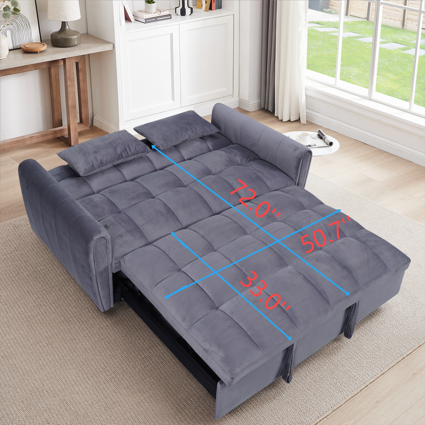 Grey velvet convertible sofa bed with tufted cushions and pullout storage