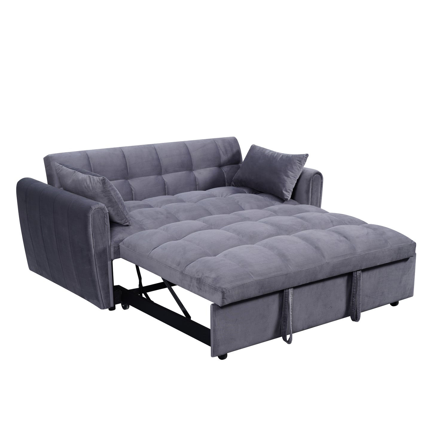 Convertible grey velvet sofa bed with tufted cushions perfect for small spaces