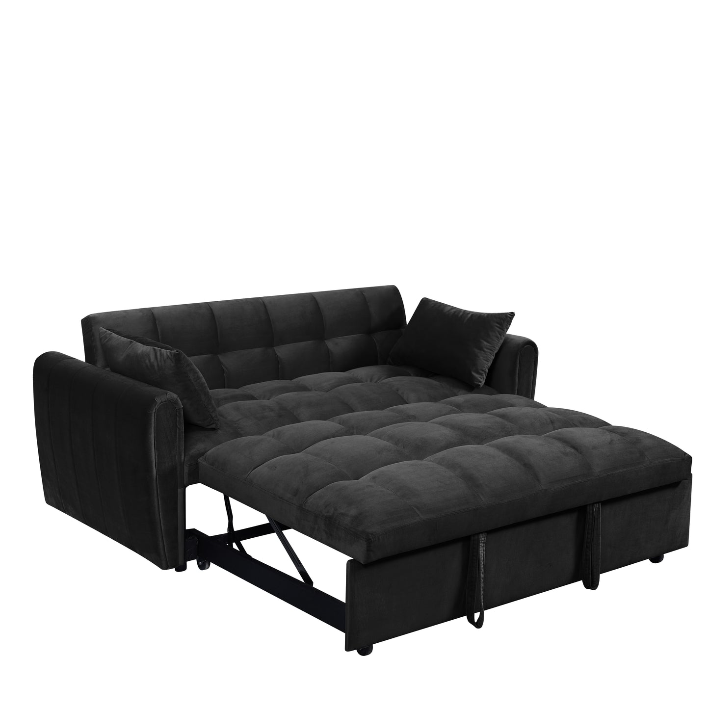 Black velvet sofa bed with tufted cushions and pullout mattress