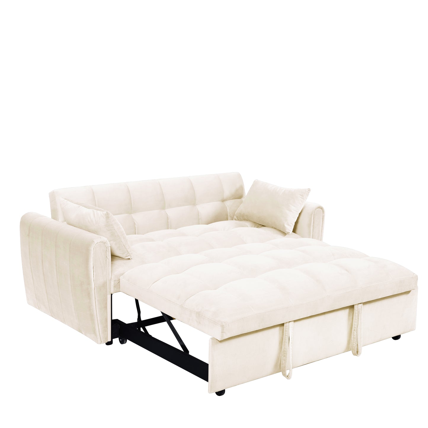 Cream velvet sofa bed partially extended featuring tufted cushions and a storage compartment