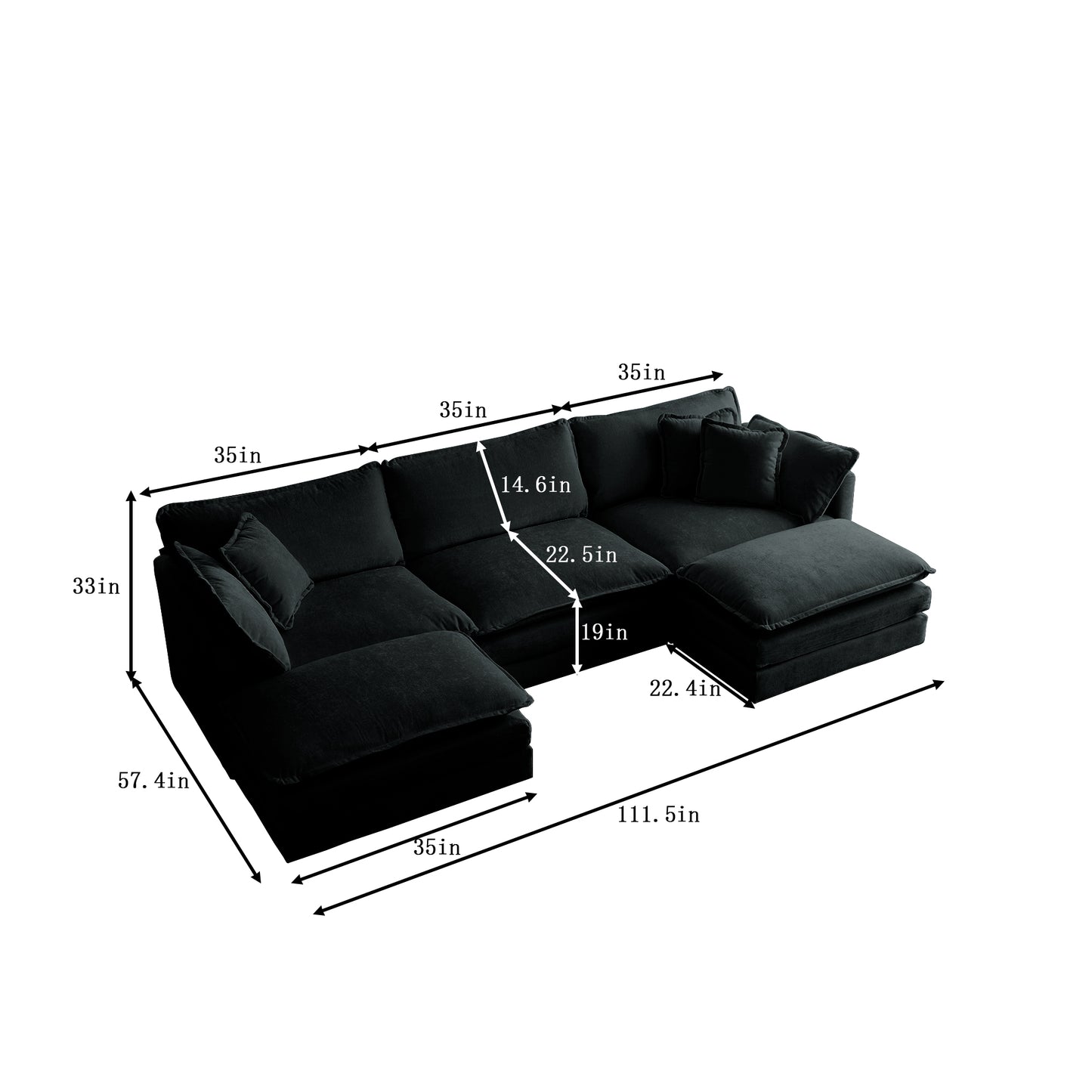 Black upholstered sectional sofa with chaise dimensions provided