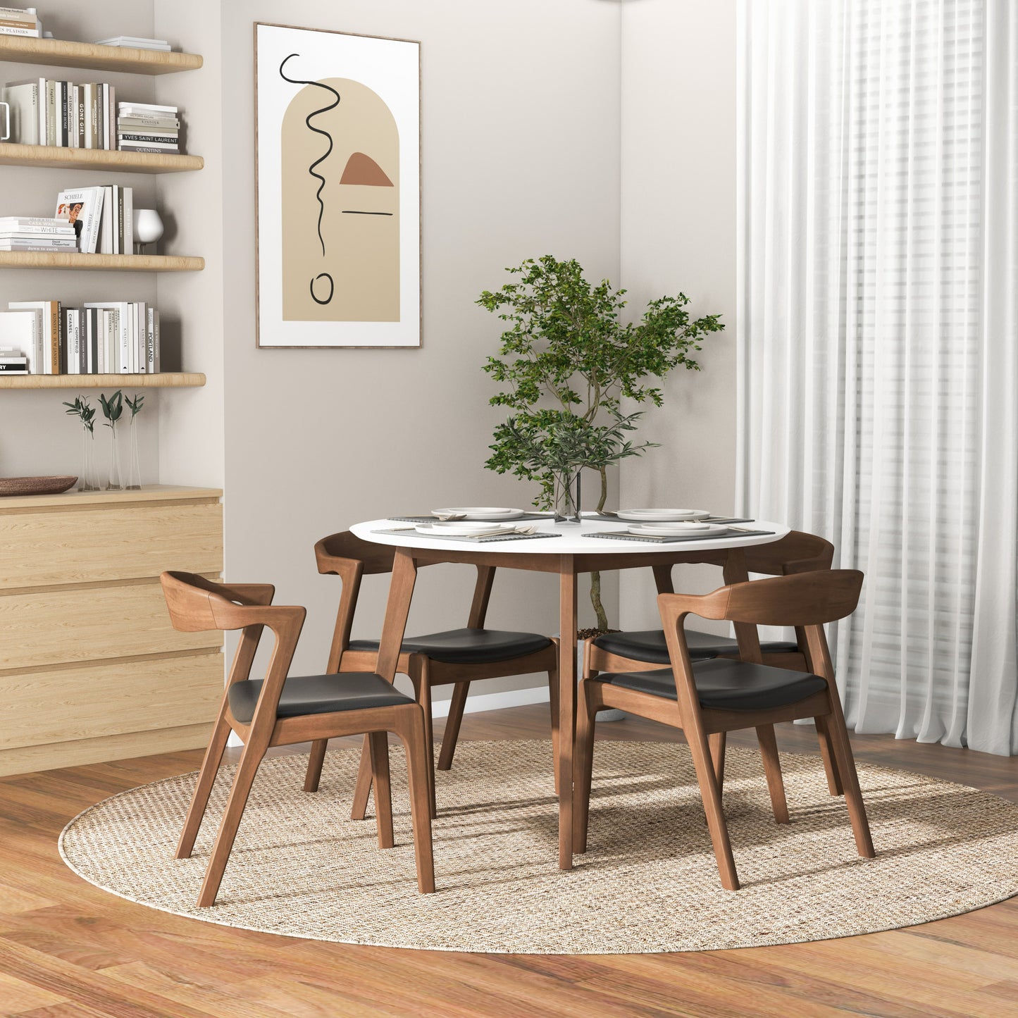 Walnut wood dining chairs with black faux leather seats set of four
