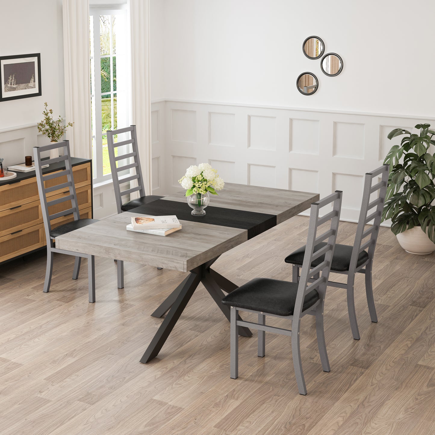 Modern dining set with rustic gray wood table and black chairs for four