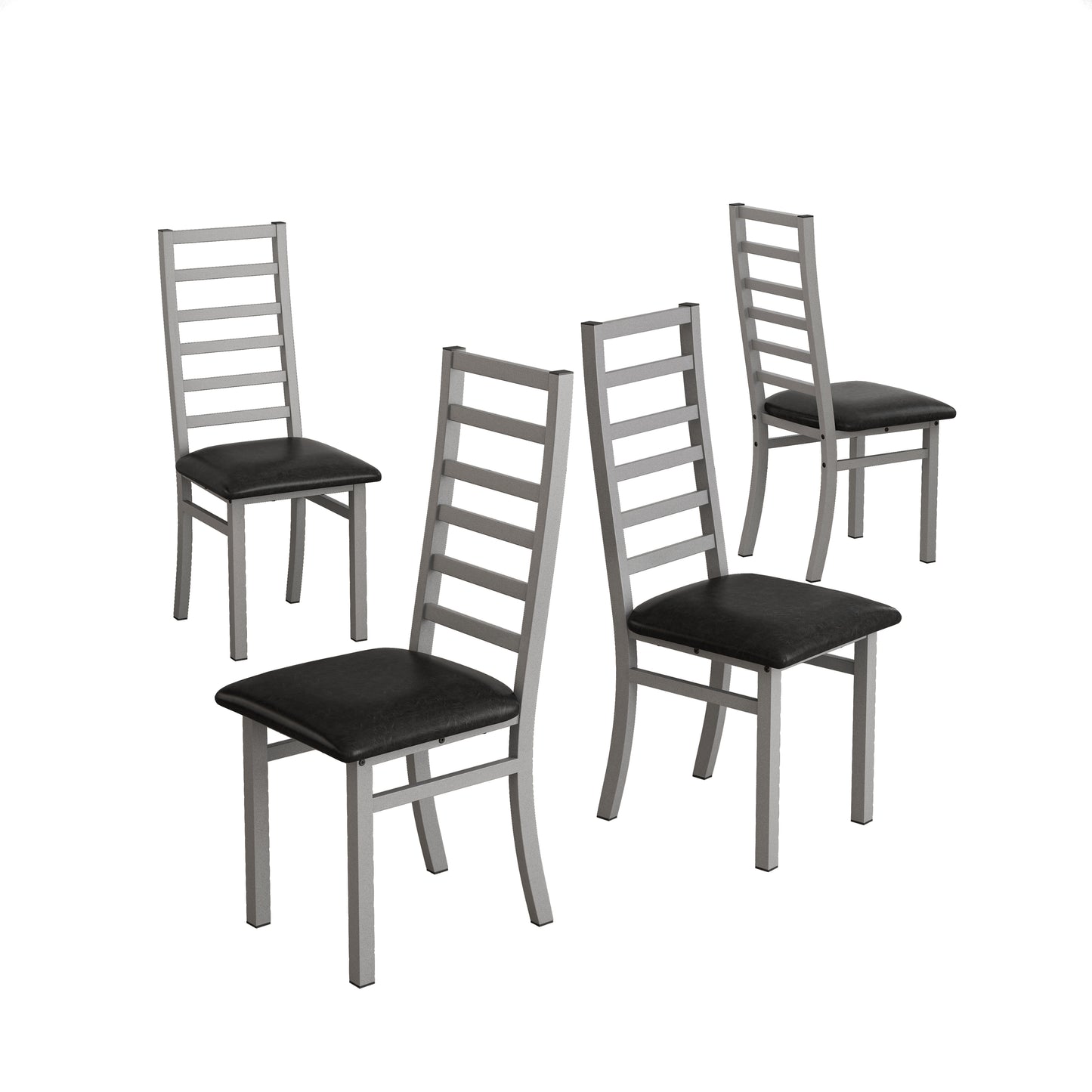 Four silver metal dining chairs with black cushioned seats and slatted backs