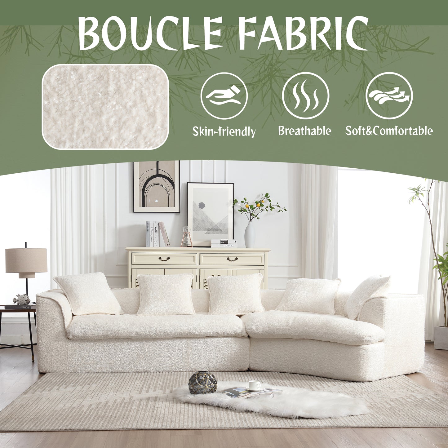 Plush white boucle fabric sectional sofa with matching throw pillows and a stylish rug