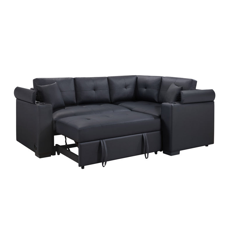 Black faux leather sectional sofa bed with pullout mattress and builtin cup holders