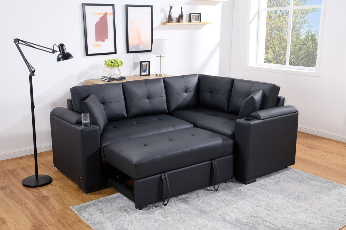 Black faux leather sectional sofa with tufted cushions and pullout bed