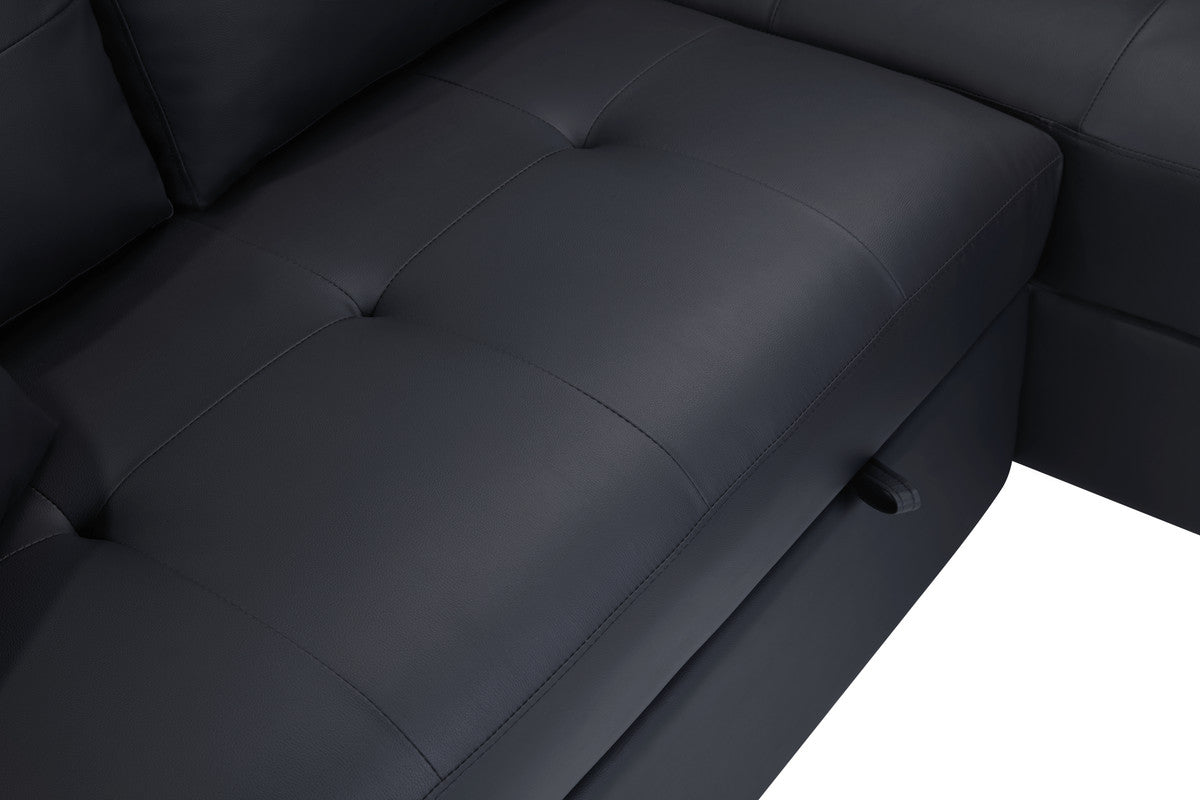 Close up of tufted black leather sofa seating modern design