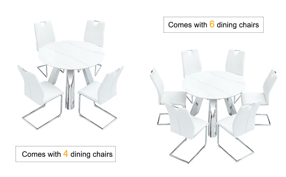White marble round dining table with faux leather chairs and chrome legs