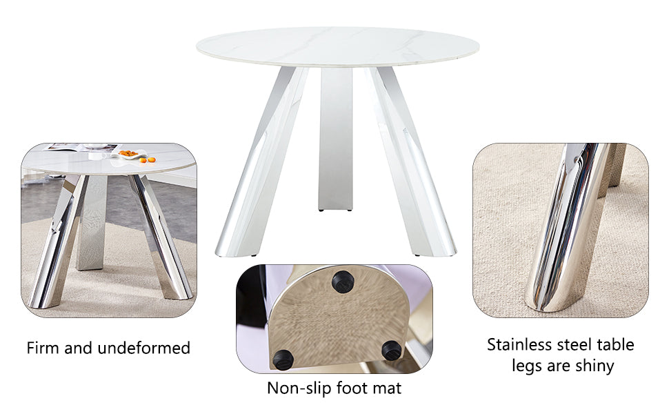 Round white marble top dining table with chrome pedestal legs