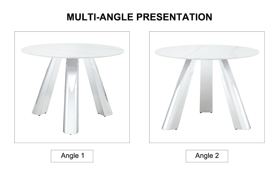 White marble top round dining table with polished chrome pedestal base