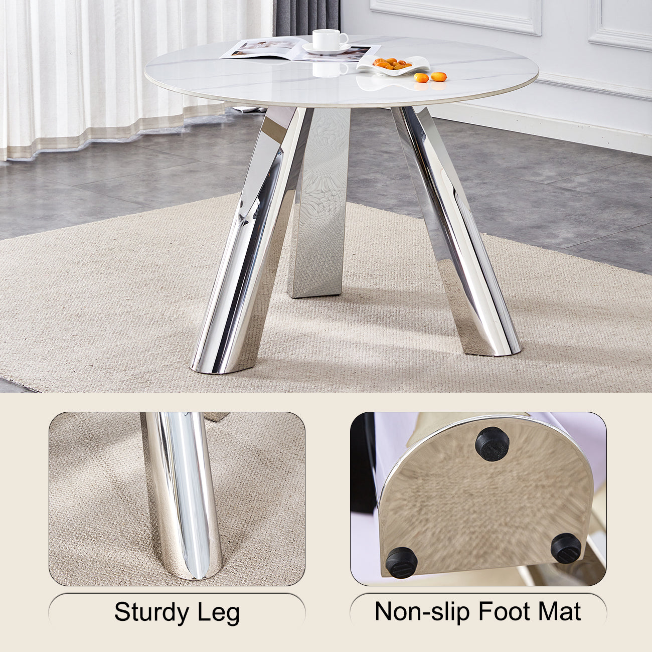 Round marble dining table with chrome legs and a white coffee cup on top