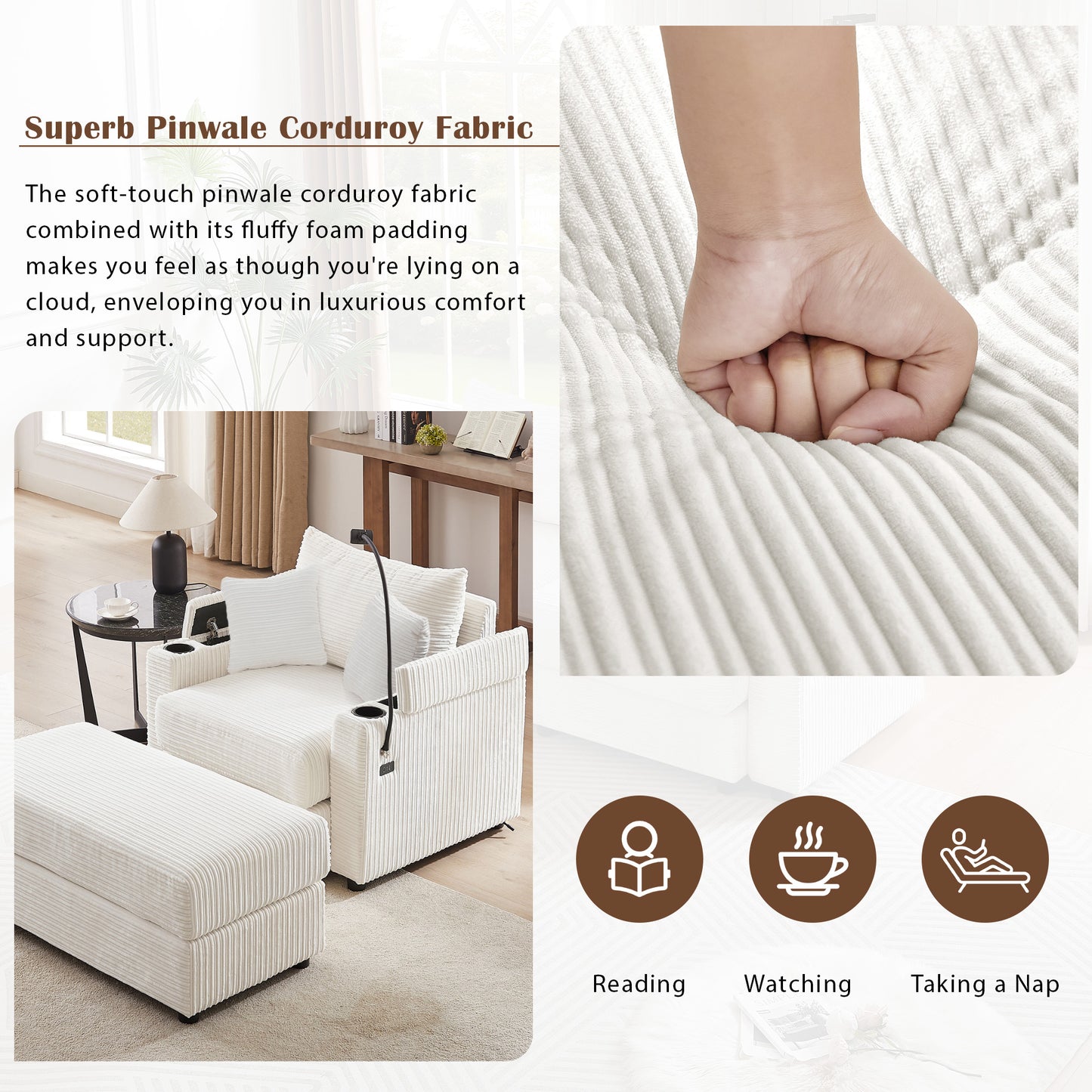 Closeup of a hand pressing into soft white pinwale corduroy sofa fabric