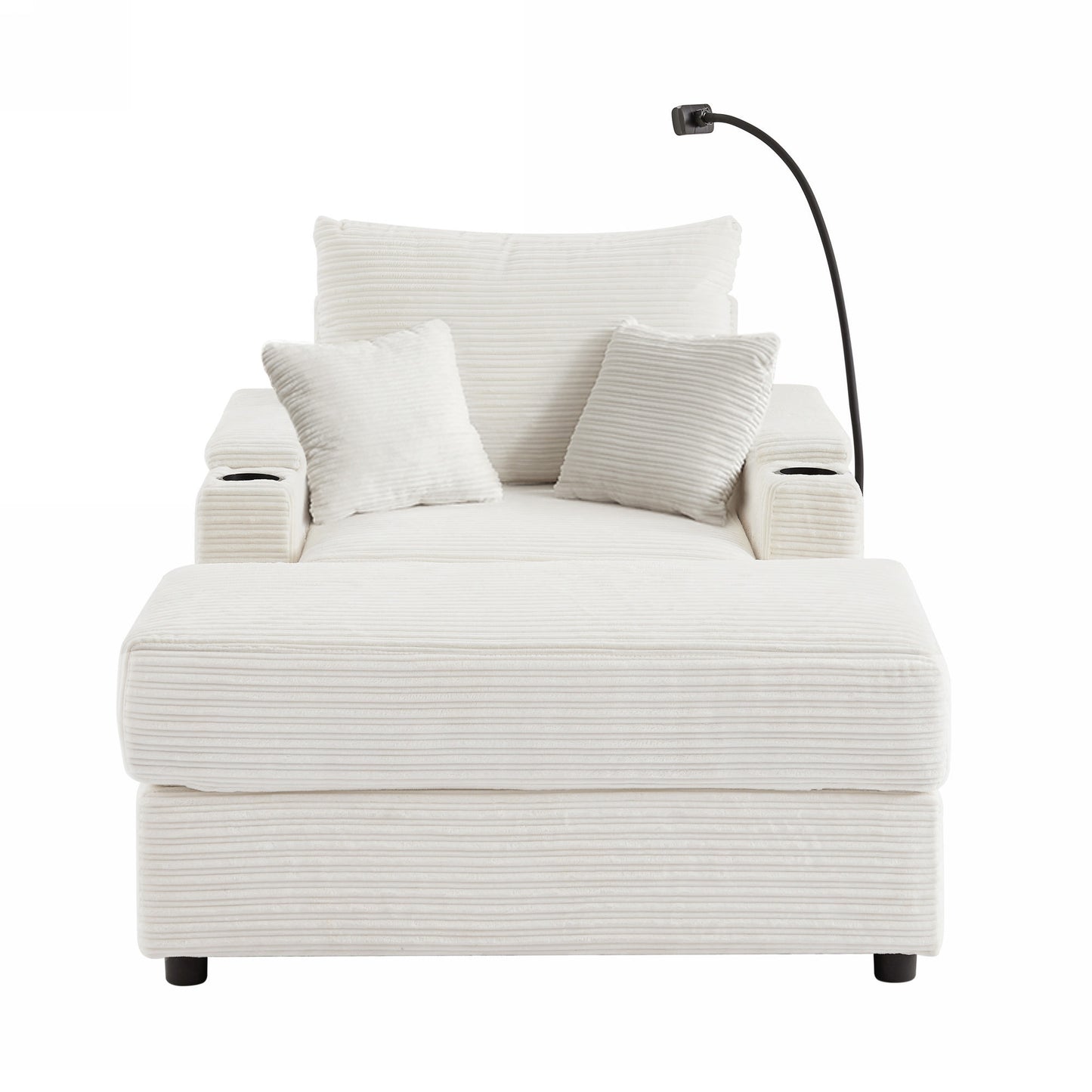 Cream corduroy chaise lounge with integrated reading lamp and cup holders